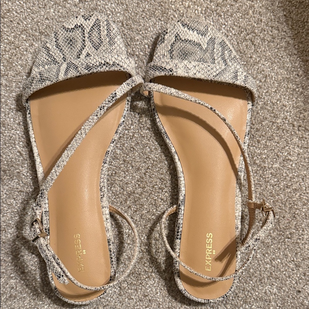 Express Beige and Gray Snakeskin Sandals